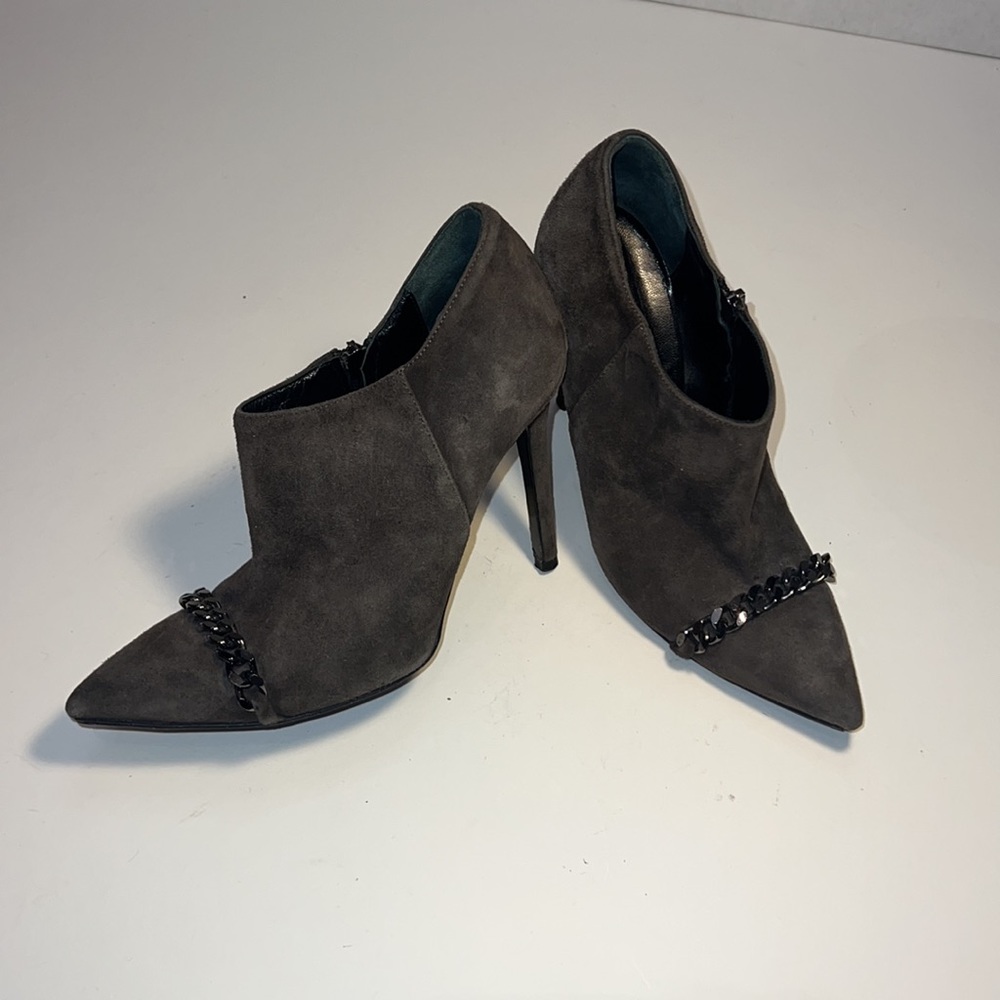All Saints Suede Leather Kiss Heeled Chain Booties, size 38